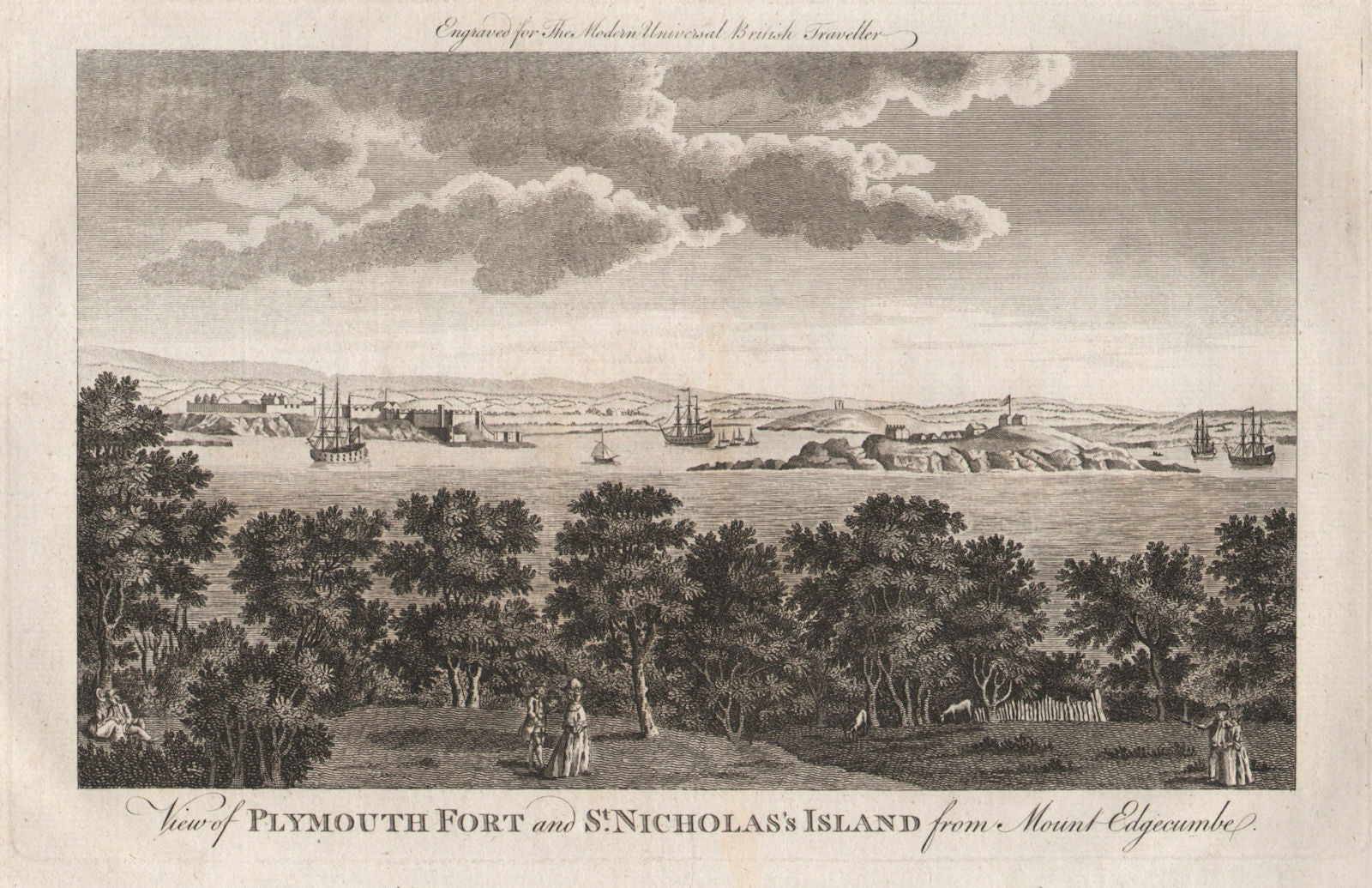 Plymouth Fort & St. Nicholas (Drake's) Island from Mt Edgecumbe. BURLINGTON 1779
